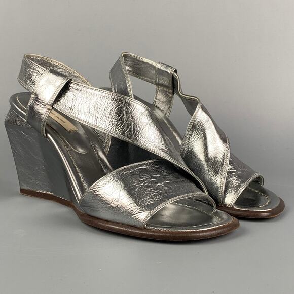 MARC JACOBS Size 7 Silver Leather Wedge Nickel Sandals - Picture 2 of 7